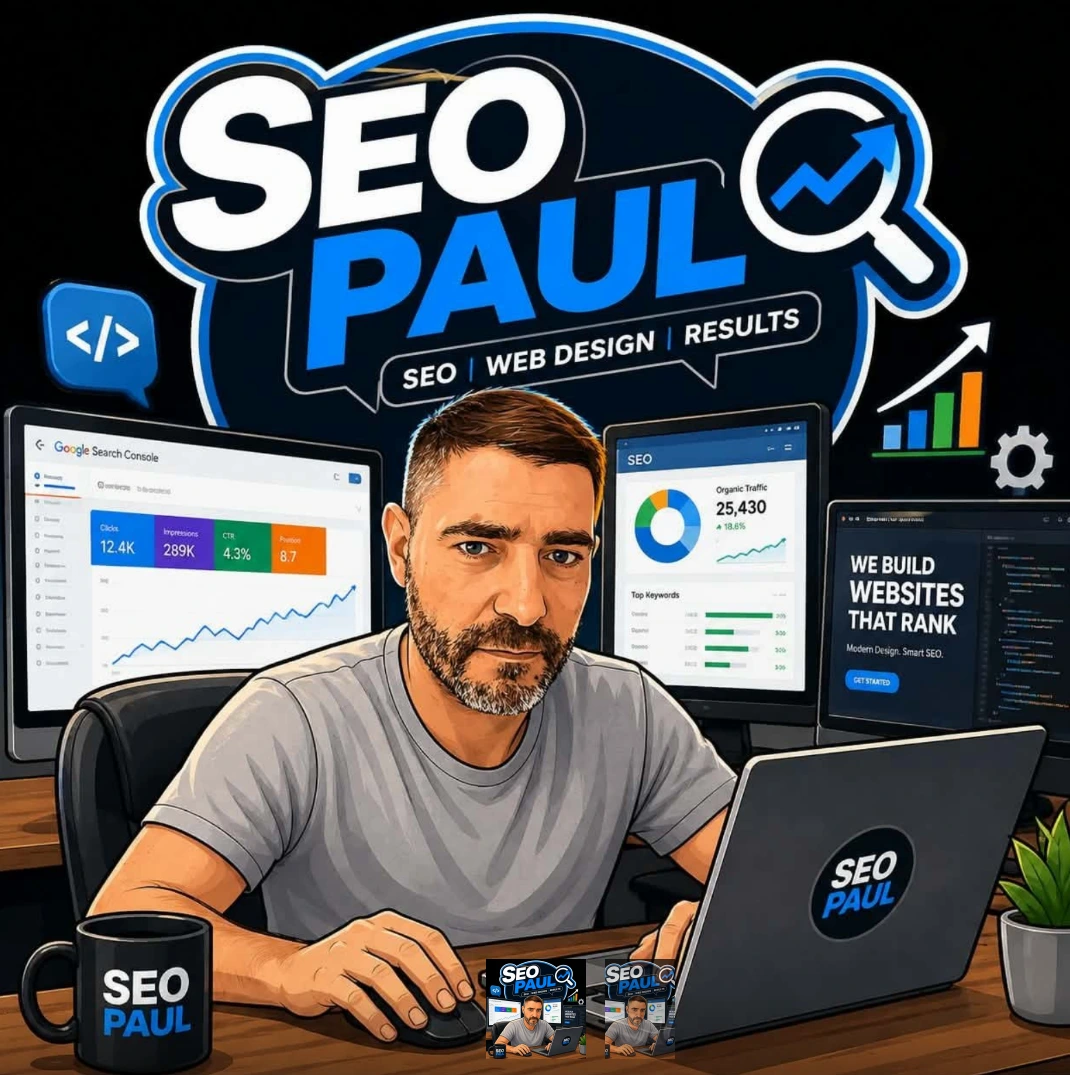 SEO Paul working at a desk with SEO performance dashboards